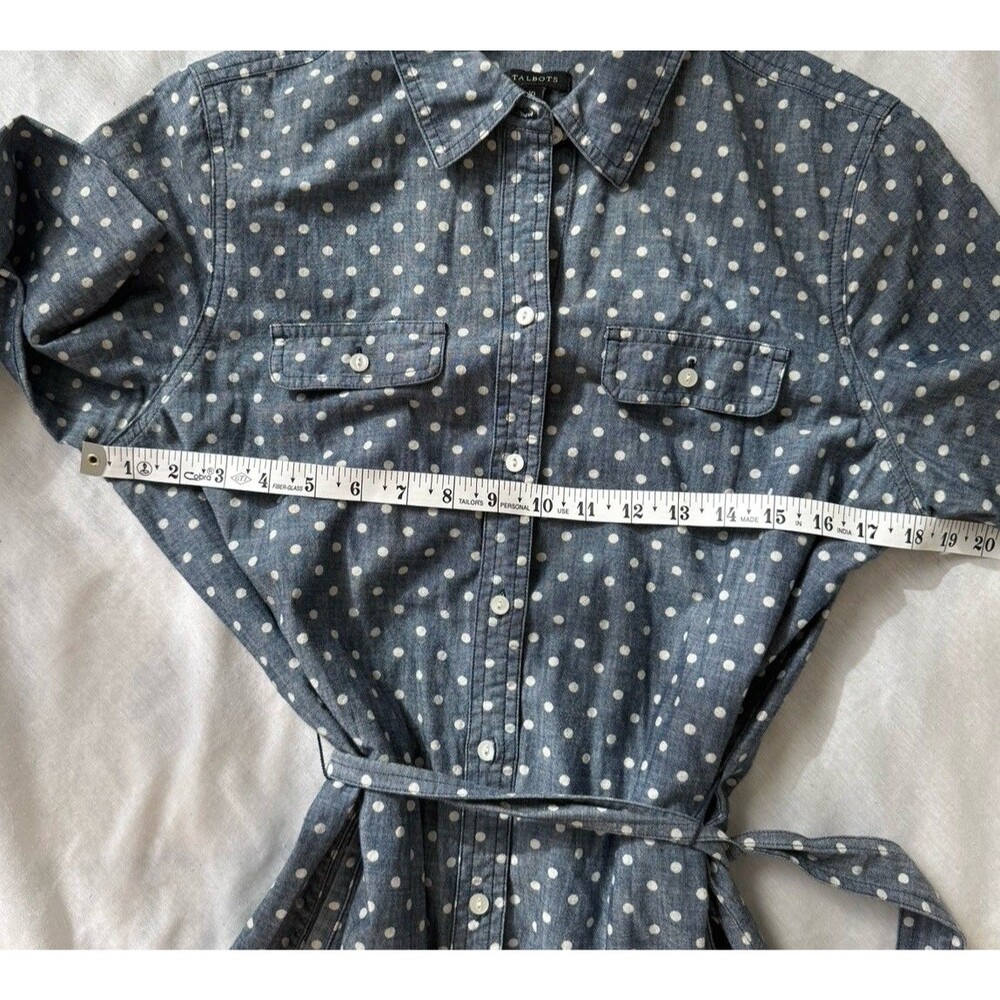 Talbots Blue/White Polka Dot Chambray Shirt Dress Belted Pockets Cotton 10 - Picture 6 of 7
